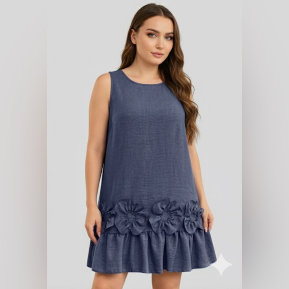 LAST ONE 🔥 Sleeveless Ruffle Hem Sheath Dress With Floral Design Blue